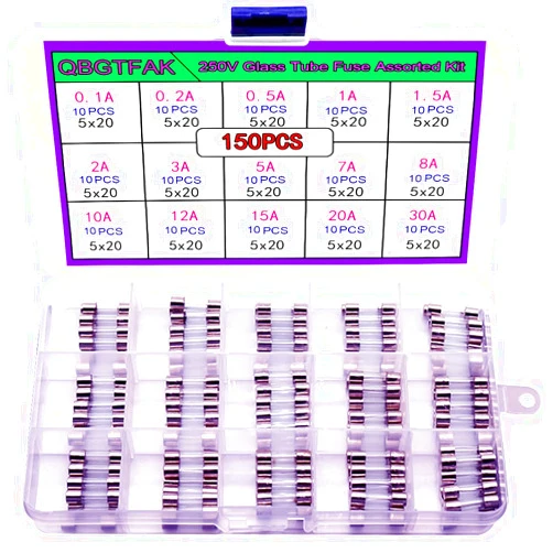 QBGTFAK 15 Values 150pcs Quick Blow Glass Tube Fuse Assorted Kit 5x20mm 250V 0.1A, 0.2A, 0.5A, 1A, 1.5A, 2A, 3A, 5A, 7A, 8A, 10A, 12A, 15A, 20A, 30A (5x20mm)