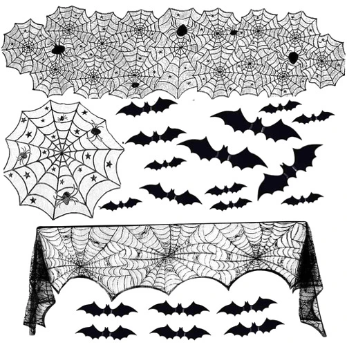 Bodosac 63 PCS Halloween Decorations Set - Spider Webs Fireplace Scarf Tablecloth Runner Round Cobweb Table Cover with 60pcs 3D Bat for Halloween Party Decors