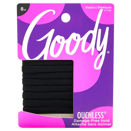 Goody Ouchless Seamless Hair Elastics, 8 Ct, Black, Damage-Free Gentle Hold Elastic Ties, No Snag or Pull, For All Occasions, Chic Styling Accessories for Women & Men, All Hair Types