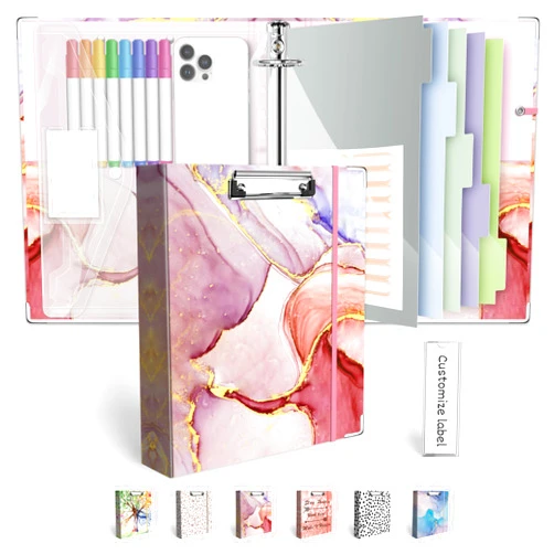BVSSX 3 Ring Binder 1 Inch, Three Ring Binders Organizer with Clipboard, 5-Tabs Pockets Dividers, Plastic Folder, 18 Divider Stikers, BVSSX Pink Decorative Binder with Pen Loop (Pink Marble, Letter Size)
