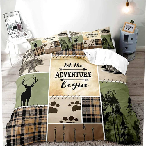 LUVIVIHOME 3PCS Cabin Rustic Bedding, Brown Plaid Duvet Cover Queen, Country Farmhouse Bedding, Black Bear Moose Deer Hunting Lodge Quilt Bedspread Patchwork Sage Green Comforter Cover, 2 Pillow Cases