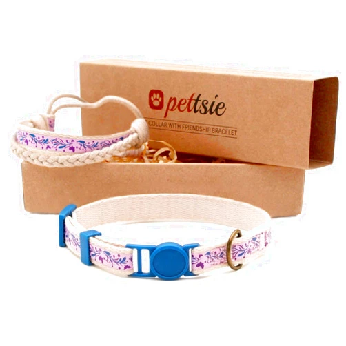 Pettsie Kitten Collar Set, Breakaway Safe Buckle, Matching Friendship Bracelet, Soft Cotton for Sensitive Skin, D-Ring for Accessories, Carton Box, Easy Adjustable 5-8 Inches Neck, Purple