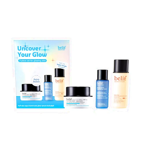 belif Uncover Your Glow Set​, Aqua Bomb Daily Face Moisturizer, Niacinamide Vitamin C Golden Glow Serum, Aqua Bomb Hydrating Toner - Hyaluronic Acid, For All Skin Types, Korean Skin Care