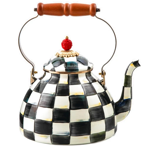 MACKENZIE-CHILDS Enamel Tea Kettle, Stylish Tea Kettle for Stovetop, Black-and-White Courtly Check, 3 Quarts