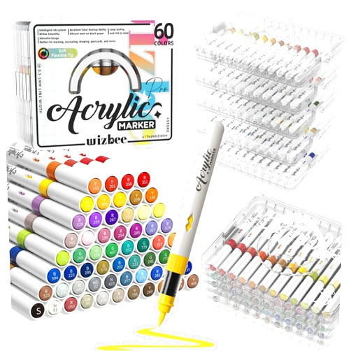Wizbee Acrylic Paint Markers, 60 Colors Brush Tip with Automatic Ink System, Water-Based Acrylic Paint Pens for Rock, Canvas, Wood, Glass, Ceramic, Drawing Markers for Journaling, Drawing,Postcards
