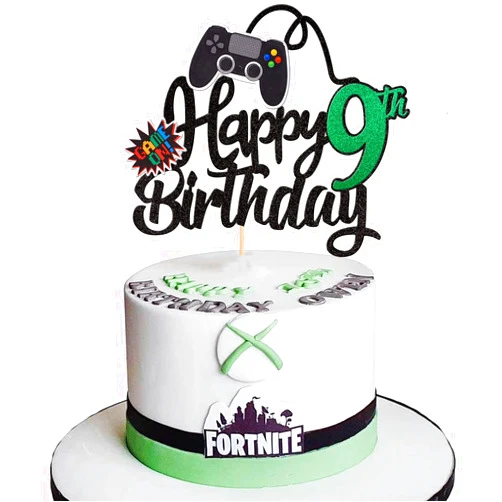ZHUOWEISM 1 PCS Video Game Happy 9th Birthday Cake Topper Glitter Video Game Cake Pick Game On Controllers Nine Cheers to 9 Years Cake Decoration for Happy 9th Birthday Party Supplies Green
