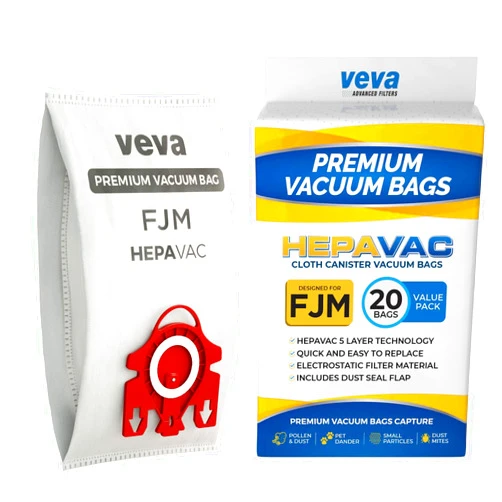 VEVA 20 Premium HEPA Vacuum Bags Style FJM Compatible with Miele Vacuums Compact C1, C2; Complete C1 and AirClean 3D Efficiency Canister Bag