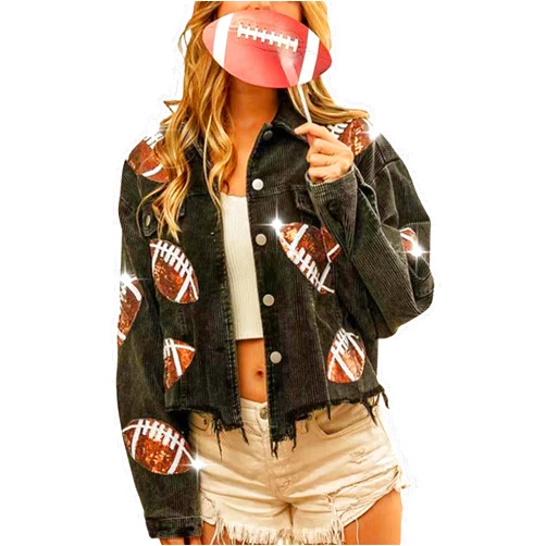 SeekMe Women's Cropped Corduroy Jacket Football Sequin Patched Short Button Raw Hem Jacket Coat