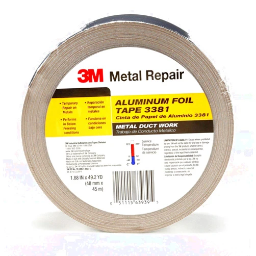 3M Aluminum Foil Tape 3381, 1.88 in x 50 yd, 2.7 mil, Silver, HVAC, Sealing and Patching, Moisture Barrier, Cold Weather, Air Ducts, Foam Sheathing Boards, Insulation, Metal Repair