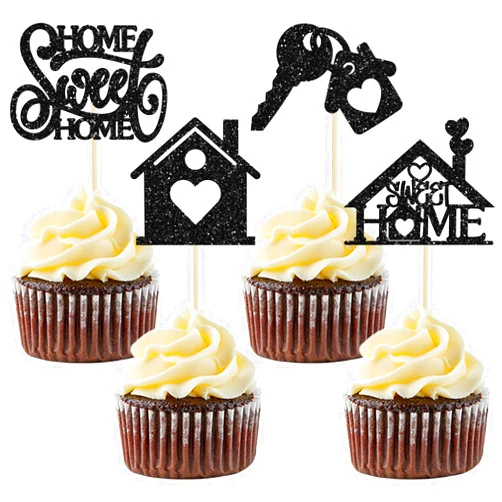 Ephlyn 24Pcs Sweet Home Cupcake Toppers House Warming Cake Decorations Welcome New Home Cupcake Picks for Housewarming Party Decorations Black