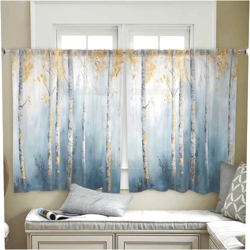 Yomandocix Forest Tree Semi Sheer Curtains 45 Inch Length 2 Panels Set, Blue Yellow Trees Modern Abstract Art Sheer Kitchen Curtain Privacy Voile Window Curtain for Living Room Bedroom Rod Pocket Drapes