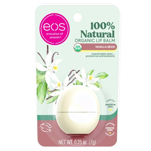 eos 100% Natural & Organic Lip Balm Sphere- Vanilla Bean, All-day Moisture, Dermatologist Recommended for Sensitive Skin, Lip Care Products, 0.25 oz