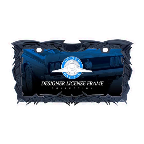 United Pacific 50114 Die-Cast Metal Black Tribal Flame License Plate Frame Holder, 3-D Design, Satin Black Finish, Fits Standard US Cars – ONE Unit