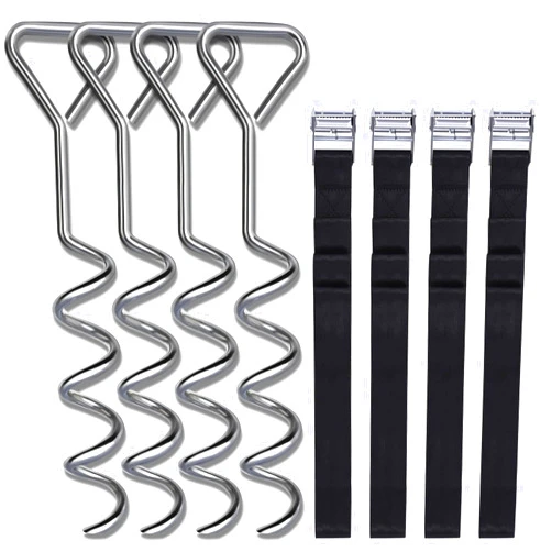 Uekars Trampoline Stakes, Corkscrew Shape Trampoline Anchor kit Steel Spiral Stakes, Heavy Duty Trampoline Parts Tie Down Kit Ground Wind Stake with Belt Straps for Trampolines Tents Swing Set of Four
