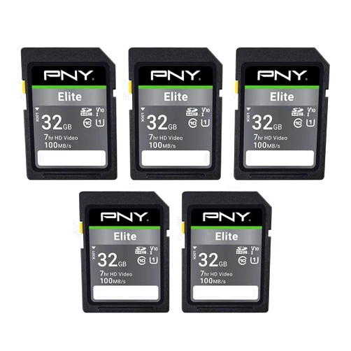 PNY 32GB Elite Class 10 U1 V10 SDHC Flash Memory Card 5-Pack - 100MB/s Read, Class 10, U1 Full HD, UHS-I, Full Size SD