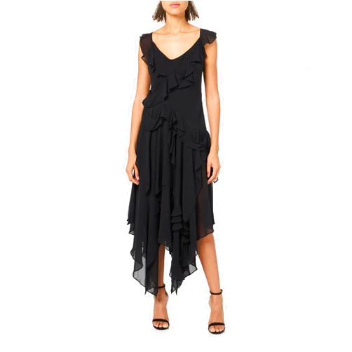 BCBGMAXAZRIA Women's Scoop Neck Sleeveless Ruffle Maxi Cocktail Dress