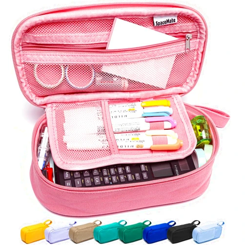 SPACEMATE Heavy Duty Canvas Pencil Case Pouch Bag - Holds 50-100 Pencils - Large Big Capacity Aesthetic Pen Case School Supplies for Girls Women Adults (Pink)