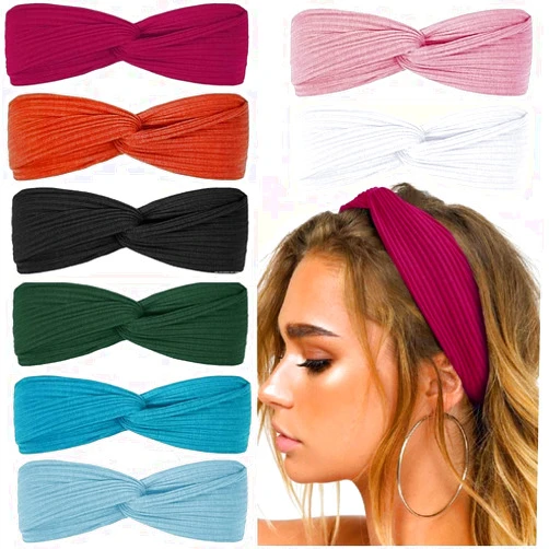 Huachi Headbands for Women Twist Knotted Boho Stretchy Hair Bands for Girls Criss Cross Turban Plain Headwrap Yoga Workout Vintage Hair Accessories, Solid Color, 8Pcs