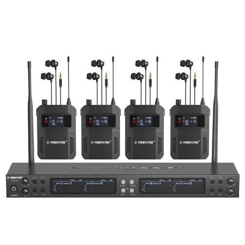 Phenyx Pro Quad-Channel Wireless in Ear Monitor System, Mono IEM System w/ 4 Bodypacks, 4x25 UHF Frequencies, Rack Mount, 164 ft Range, Wireless in Ear Monitor for Bands/Studio (PTM-33-4B)
