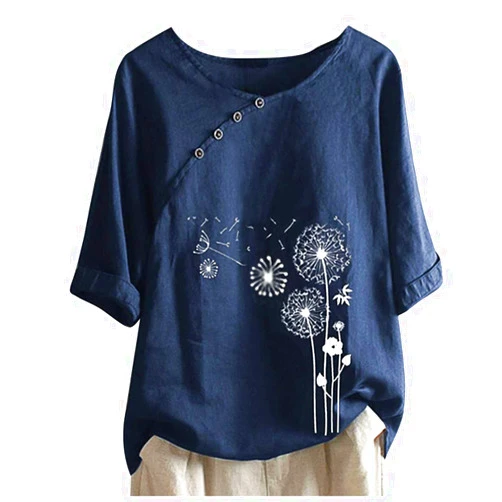 Masbird Summer Tops for Women Cotton Linen Casual Floral Short Sleeve T-Shirt Lightweight Crewneck Blouse Tee Plus Size Shirt