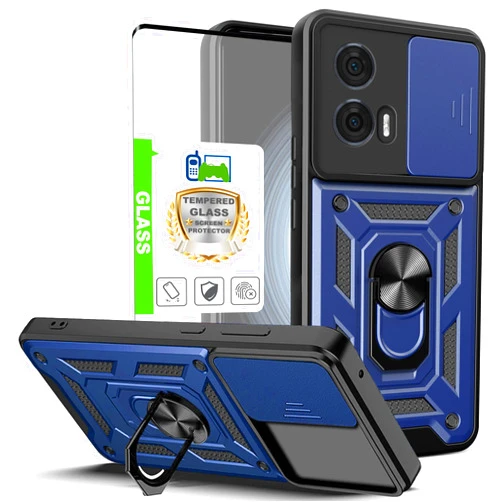 Telegaming for Motorola Edge 2024 Case with Tempered Glass Screen Protector, Military Grade Ring Kickstand Holder Shockproof Protective Armor Cover Shockproof - Blue