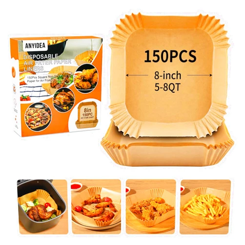 ANYIDEA Air Fryer Liners Disposable Paper - 150 PCS 8 Inch Nonstick Parchment Paper Liners for 5-8QT Air Fryer, Free of Bleach Air Fryer Paper Square for Frying, Baking, Roasting Microwave