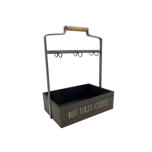 Rae Dunn Coffee Mug Holder - 6 Hook Coffee Cup Rack with Rectangular Rustic Style Crockery Holder - Storage or Display - Mug Stand Organizer for Kitchen Counter or Cafe Countertop - But First Coffee