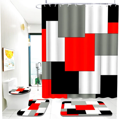 ENYORSEL Red Bathroom Sets with Shower Curtain and Rugs, 4 Piece Geometric Bathroom Shower Curtain Set with Rugs, Incl Shower Curtain with 12 Hooks, Bath Mat, U-Shaped Floor Mat, Toilet Lid Oval Rug