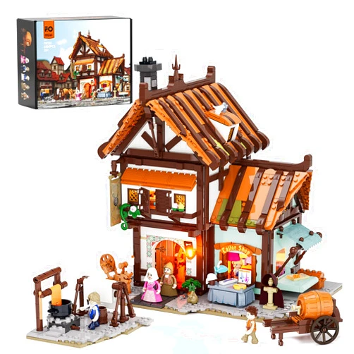 FUNWHOLE Medieval Tailor-Shop Lighting Building-Bricks Set - Middle Ages Tailoring Workshop Collection LED Light Building Construction Model Sets 1994 Pcs for Adults and Teen