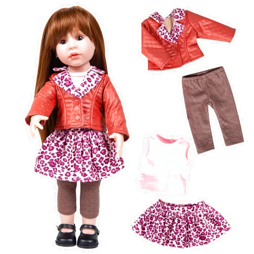 Rakki Dolli Doll Clothes Handmade 4-PC Set includes Jacket Pink Vest Leggings & Pink Leopard Skirt, Party Dress Outfit Fits 18 inch American Girl Dolls 001