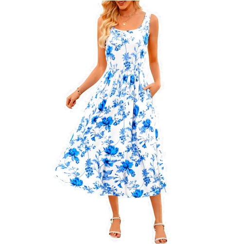 MEROKEETY Women's 2025 Summer Spring Casual Floral Sundress Sleeveless Beach Vacation Flowy Boho Tank Midi Dresses