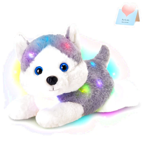 Houwsbaby 13'' Gray Light Up Husky Stuffed Animal Dog Soft Plush Night Light Puppy Toy Hugging Pillow Companion Holiday Christmas Birthday Present for Kids Boys Girls Toddlers