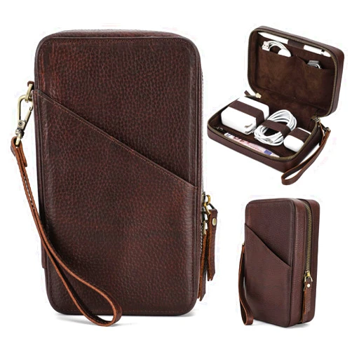 CataPurus Electronic Organizer Case Tech Kit, Top Grain Leather Handmade, Portable Compact Travel Electronic Accessories Storage Case Fits Phone, USB Cables, Chargers, Hard Drive, Cards, Apple pencil