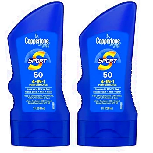 Coppertone SPORT Sunscreen SPF 50 Lotion, Water Resistant, Body Sunscreen Lotion, Travel Size, 3 Fl Oz (Pack of 2)
