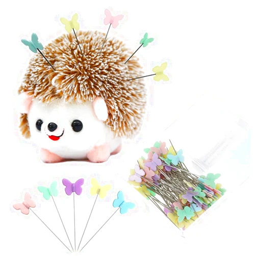 FUEAWIM Hedgehog Pin Cushion with Pins Set Include 1 Pcs Cute Pin Cushion and 100 Pcs Butterfly Flat Head Straight Pins for Sewing DIY Projects Dressmaker Jewelry Decoration
