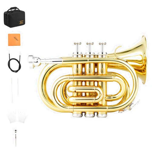 Eastar Pocket Trumpet B Flat Brass Bb Pocket Trumpet with Mouthpiece 7C, Cleaning Cloth, Hard Case, Gloves, Full Kit, Gold Lacquer, ETR-330