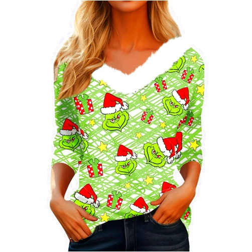 Generic 𝑮𝒓𝒊𝒏𝒄𝒉𝒔 Fall Outfits for Women 2024 Christmas Print Long Sleeve T Shirt Plush V Neck Trendy Pullover Tops