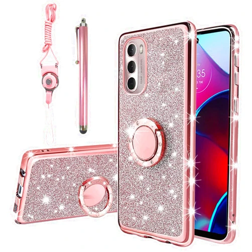 KuDiNi for Moto G Stylus 2022 Case 4G, G Stylus 4g Case for Women Glitter Crystal Soft Clear Tpu Luxury Bling Cute Protective Cover with Kickstand Strap for Motorola G Stylus 2022 4g (Glitter Rose)
