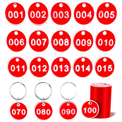 OXDFK 1-100 Numbered Key Tag, Round Metal Tags, Key Chain Labels, Key Tags for Home, Office and Garage, Dorm Keys, House Lockers (Red)