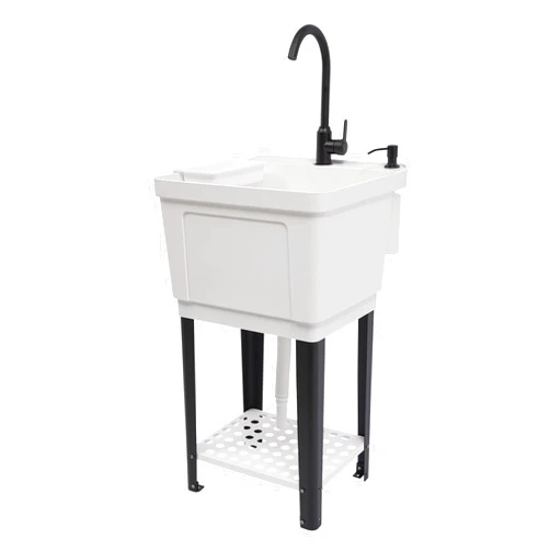 MOCHAG White Space Saver Utility Sink Laundry Tub, Freestanding Plastic Laundry Sink with Hot&Cold Faucet and Storage Rack, Compact Shop Sink Ideal for Laundry Room,Garage,Pet Wash Station19.7*18.9*33inch