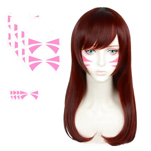 ZNTU D.Va Brown Cosplay Wig with Tattoo Stickers & Hair Net - Halloween Cosplay for Anime Fans