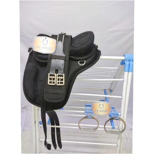 Blue Lake All Purpose Synthetic Treeless English Horse Saddles Tack Get Matching Girth & Straps and Stirrups I Black I Size - Seat Size 14