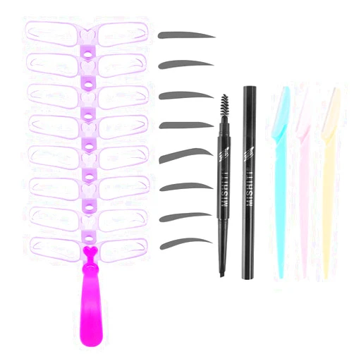 Aooba 12 PCS Eyebrow Stencils - Eyebrows Shape Reusable with Eyebrow Razors and Pencil, Eye Brow Shaping Template Stamp Kit with Handle and Strap Washable DIY Makeup Tools