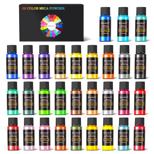 NTWJNJY Mica Powder, 30 Color Resin Pigment, Natural Cosmetic Grade Shimmer Mica Powder for Epoxy Resin/Bath Bombs/Candle/Soap/Lip Gloss/Slime. Candle Dye,Soap Making Dye,Resin dye. (30 Bottle)