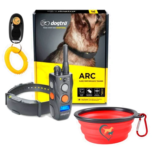 Dogtra ARC Dog Training Collar - 3/4 Mile Range, Waterproof, Rechargeable, Static, Vibration, Fits 15lbs & Up, Includes Free Essential Pet Products Training Clicker and Collapsible Food and Water Bowl