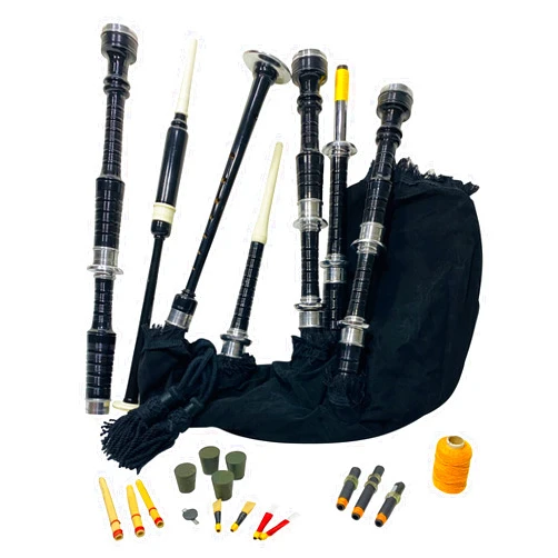 Woldorf USA Scottish Bagpipe Set | Folk Culture Heritage Musical Instruments | Rosewood Black Finish Sliver Mounts Black Tartan Bag Cover | Includes Free Practice Chanter Reeds Drones & Carry Case