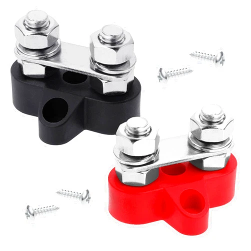 Teaaha 2 PCS Power Distribution Block Bus Bar 12v 200a Battery Wire Terminal Block M8 Dual Studs Battery Distribution Block Post Positive&Negative Busbar for Auto Car Marine Boat(Red & Black Set)
