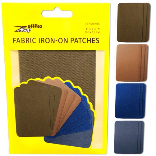 ZEFFFKA Premium Quality Fabric Iron-on Patches Inside & Outside Strongest Glue 100% Cotton Deep Blue Khaki Gray Brown Repair Decorating Kit 12 Pieces Size 3