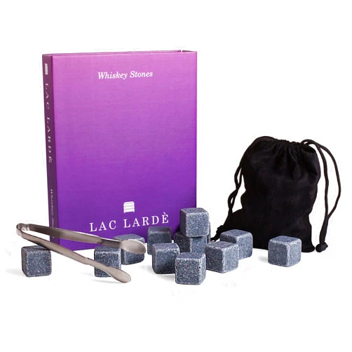 LAC LARDÉ Whiskey Stones Set w/ 12 Granite Chilling Whiskey Rocks | Chill Your Scotch and Cold Drinks | Pouch, Tong and Pretty Box Included