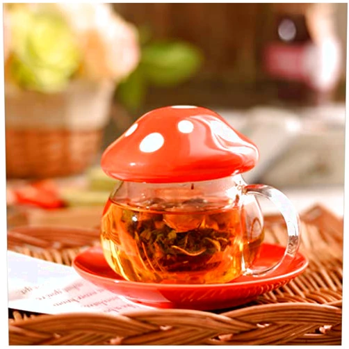 Ohsail Cute Tea Mug Set Mushroom Teapot Milk Glass Coffee Tea Cups Mugs with Lid and Tray Strainer Filter Infuser (290ML 9.6oz) (red)